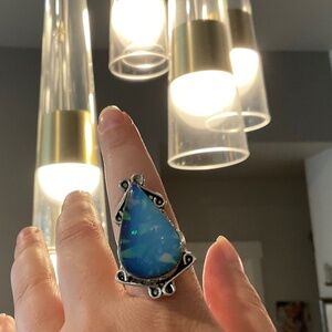 Large teardrop sterling silver and Opaline ring